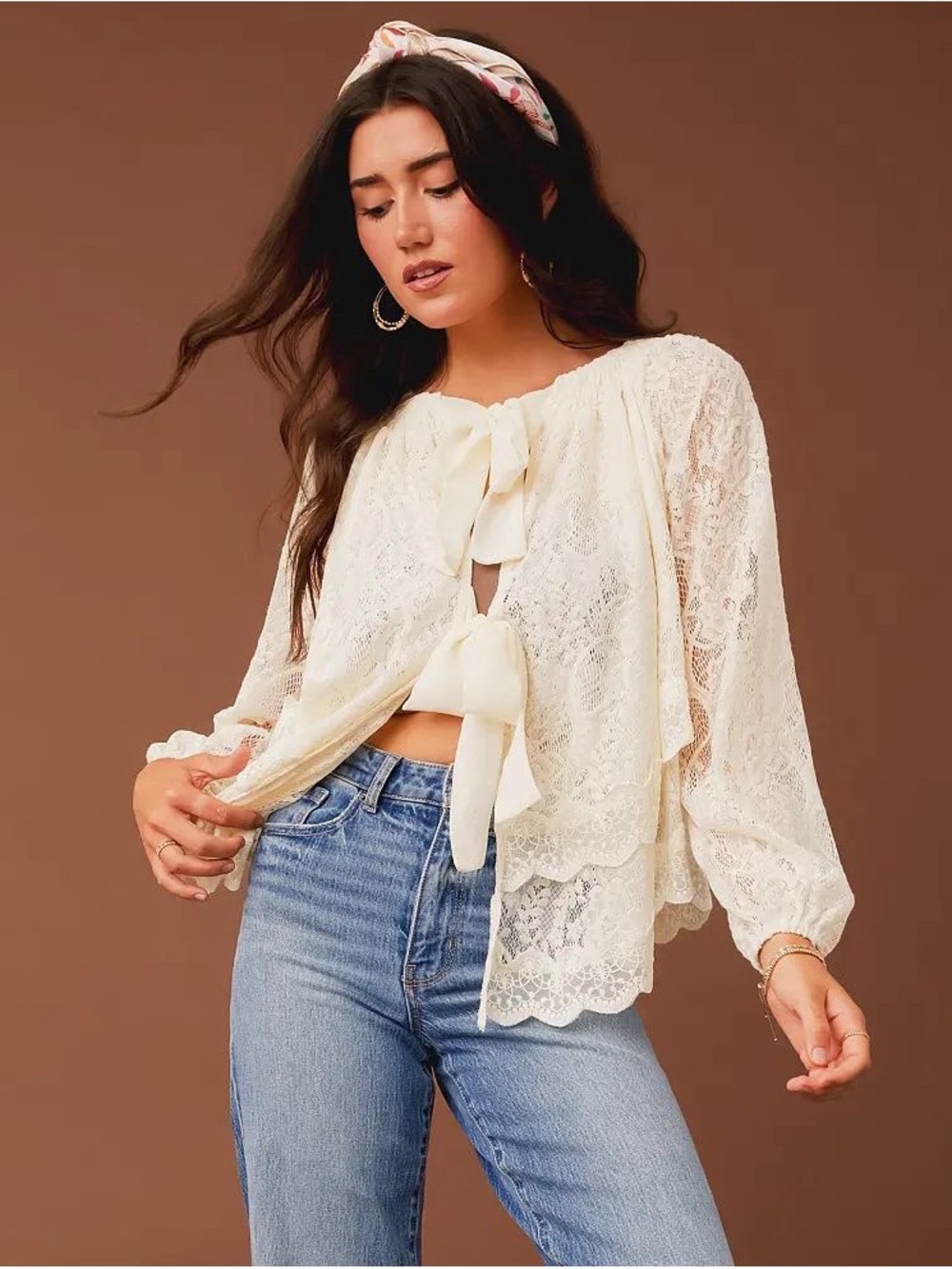 gimmicks by BKE Ivory Lace Tie-Front Peasant Blouse